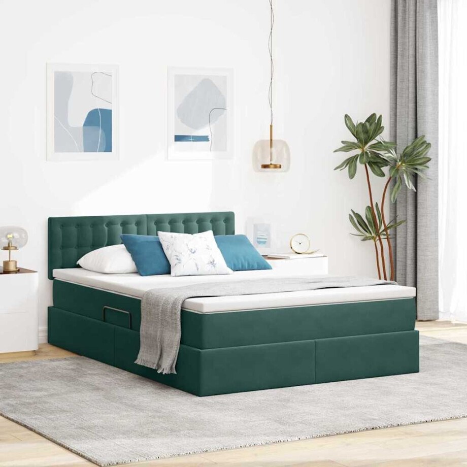 vidaXL Opslag bed met matras Donkergroen 140 x 200 cm Fluweel afbeelding 1