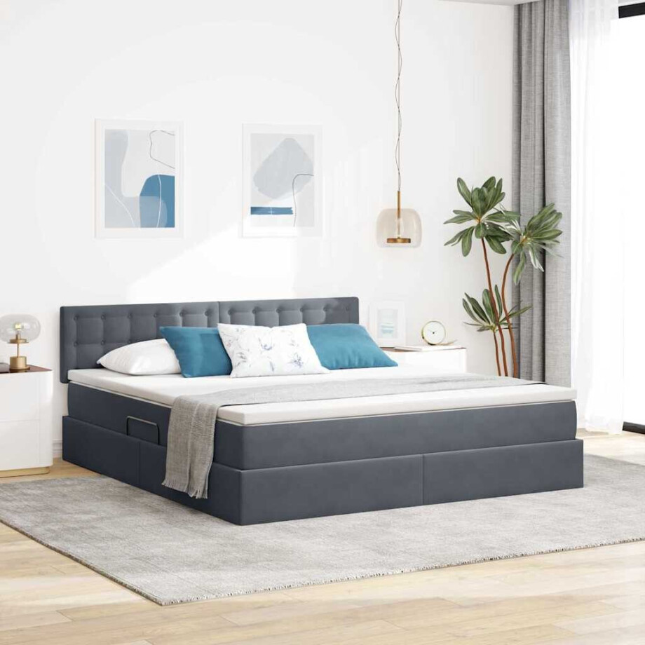 vidaXL Opslag bed met matras Donkergrijs 180 x 200 cm Fluweel afbeelding 1