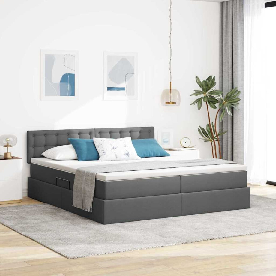 vidaXL Opslag bed met matras Donkergrijs 200 x 200 cm Nep Leer afbeelding 1