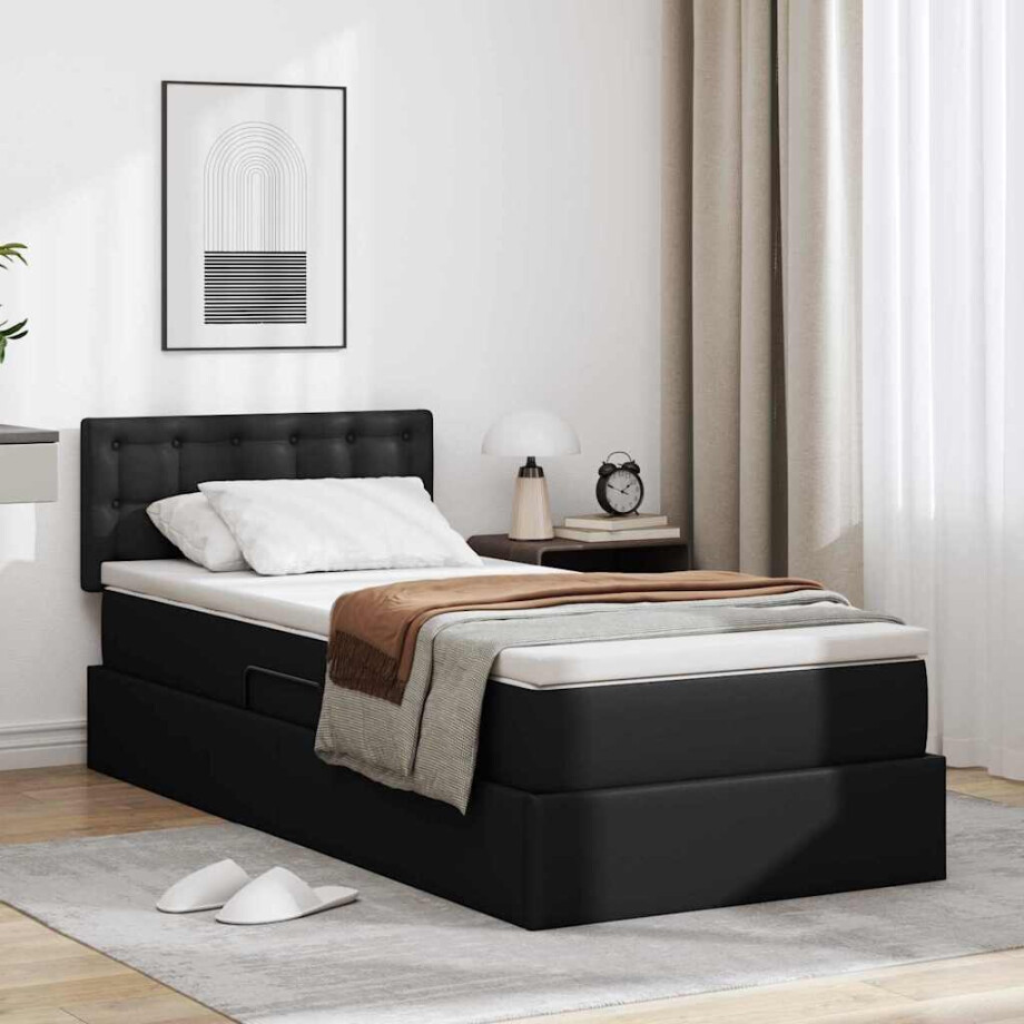 vidaXL Opbergbed met LED met hoofdeinde Zwart 90 x 200 cm Nep Leer afbeelding 1