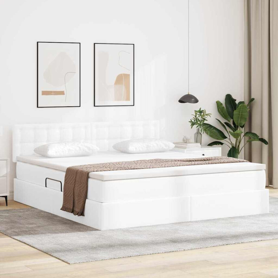 vidaXL Opbergbed met LED met matras Puur Wit 160 x 200 cm Nep Leer afbeelding 1