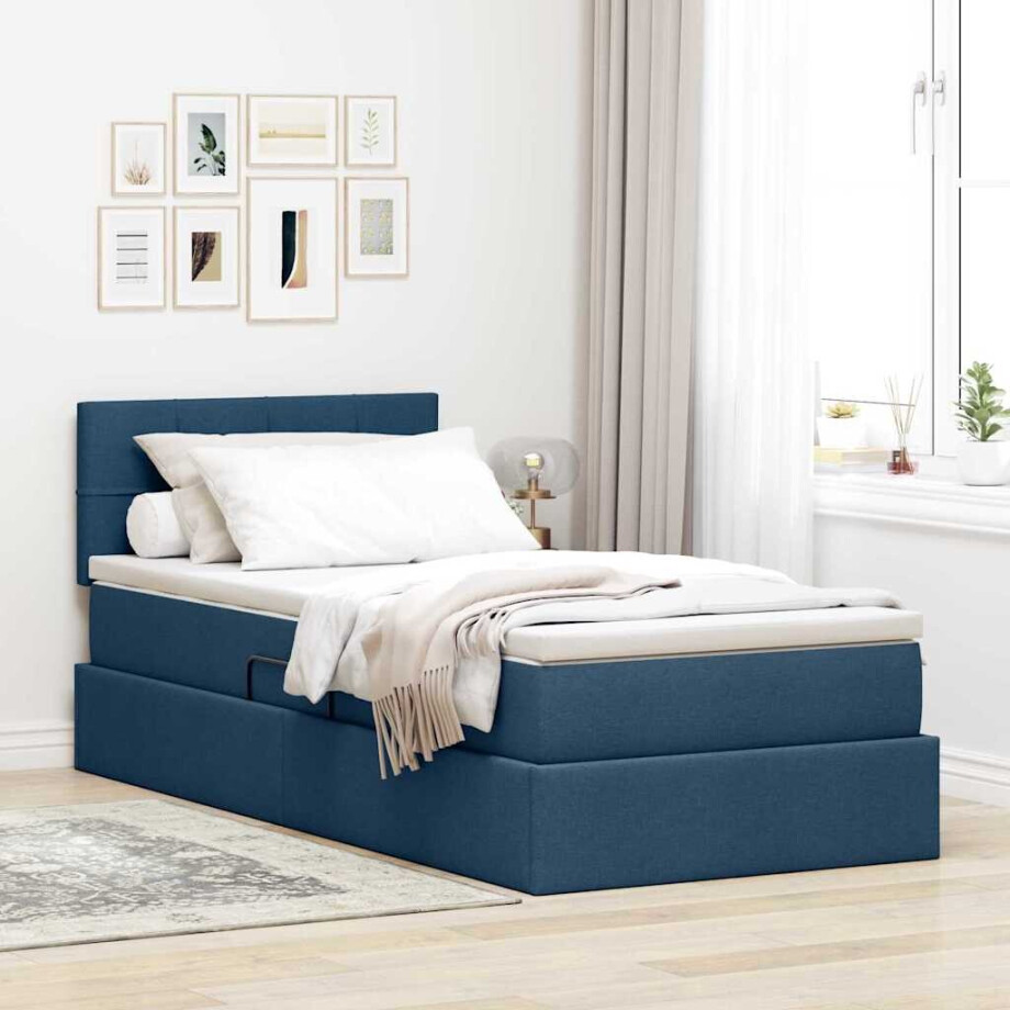 vidaXL Opbergbed met LED met matras met LED Blauw 90 x 200 cm Stof afbeelding 1