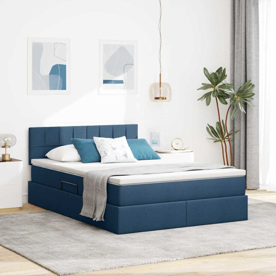 vidaXL Opbergbed met LED met matras Blauw 140 x 200 cm Polyester afbeelding 1