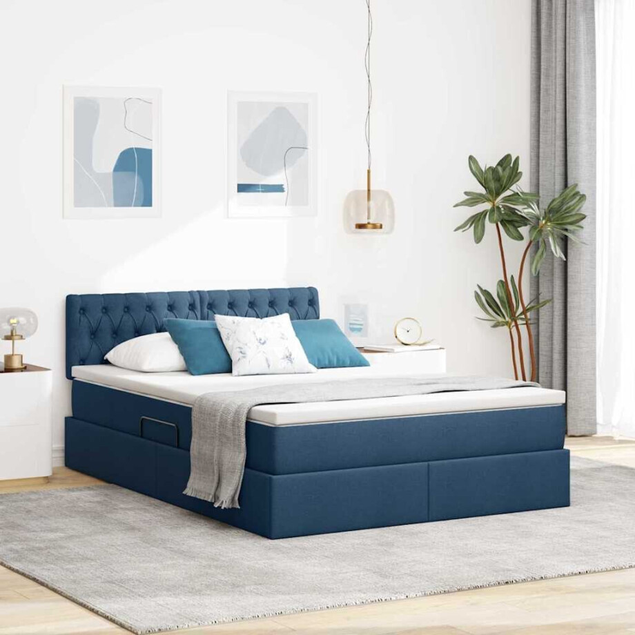 vidaXL Opbergbed met LED met matras Blauw 140 x 200 cm Polyester afbeelding 1