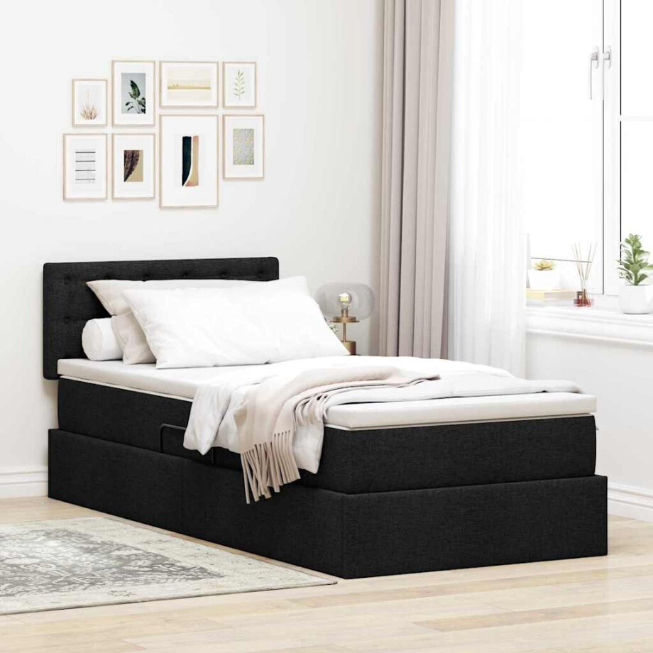 vidaXL Opbergbed met LED met matras met LED Zwart 100 x 200 cm Stof afbeelding 1