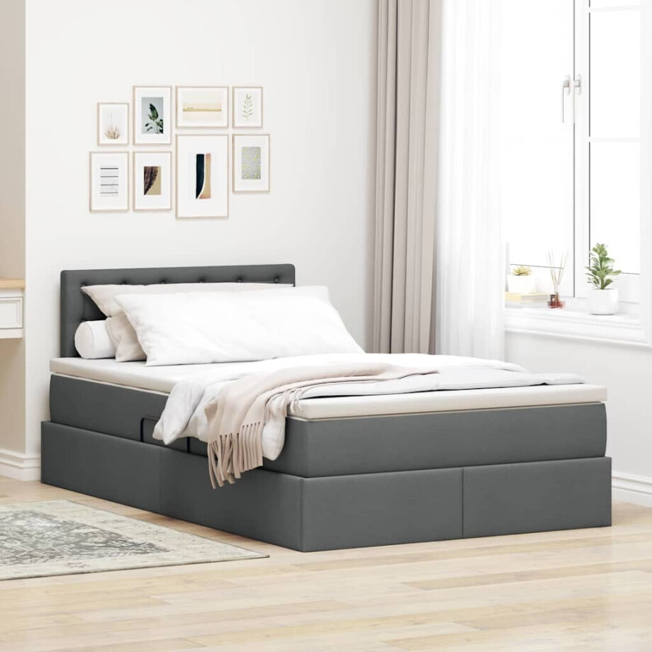 vidaXL Opbergbed met LED met matras Donkergrijs 120 x 190 cm Stof afbeelding 1