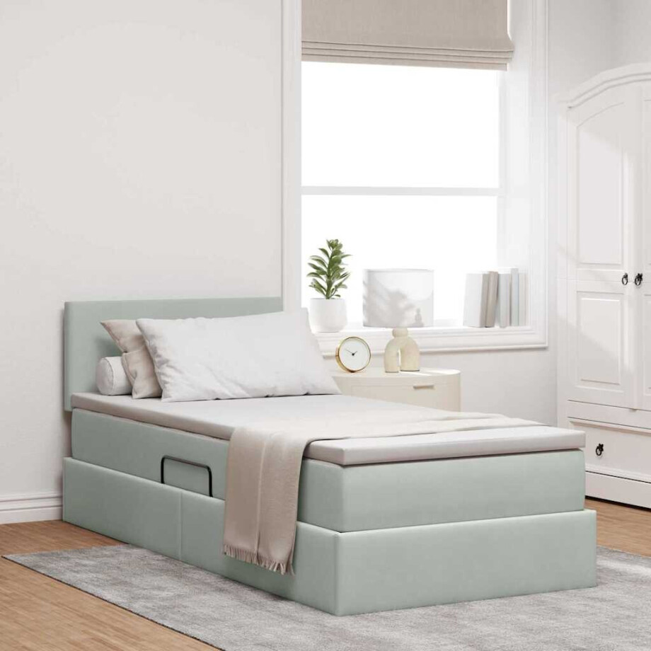vidaXL Opbergbed met LED met matras Lichtgrijs 90 x 190 cm Fluweel afbeelding 1