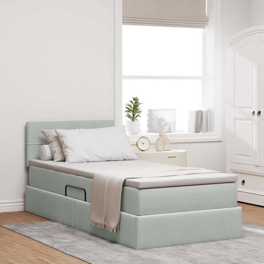 vidaXL Opbergbed met LED met matras Lichtgrijs 100 x 200 cm Fluweel afbeelding 1