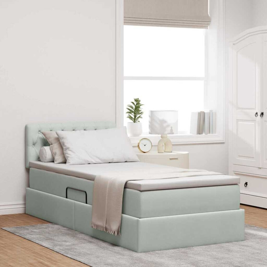 vidaXL Opbergbed met LED met hoofdeinde Lichtgrijs 90 x 190 cm Fluweel afbeelding 1