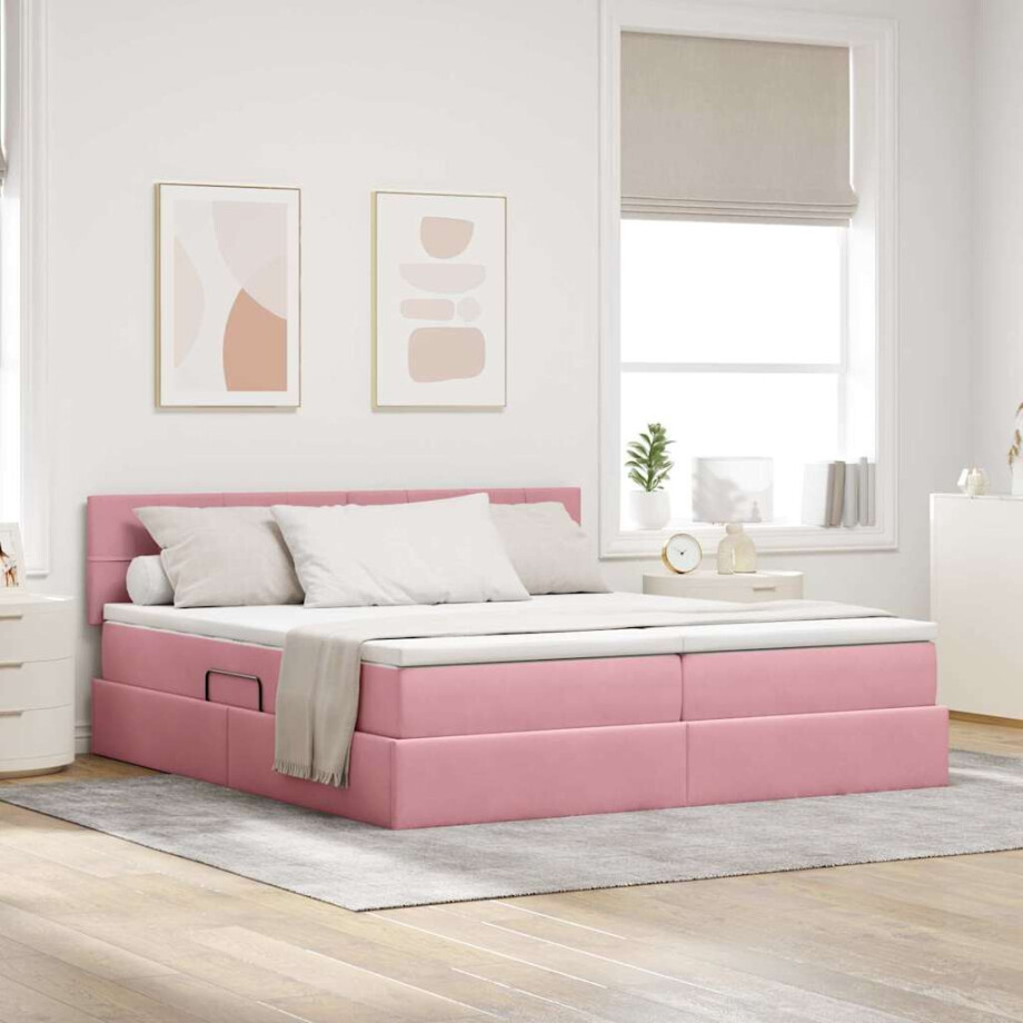 vidaXL Bed met LED-stripverlichting Roze 180 x 200 cm Fluweel afbeelding 1
