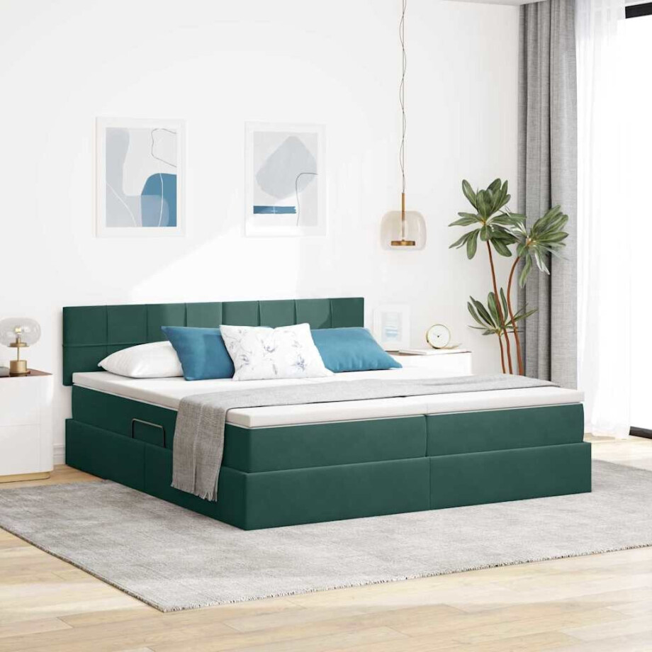 vidaXL Bed met LED-stripverlichting Donkergroen 200 x 200 cm Fluweel afbeelding 1