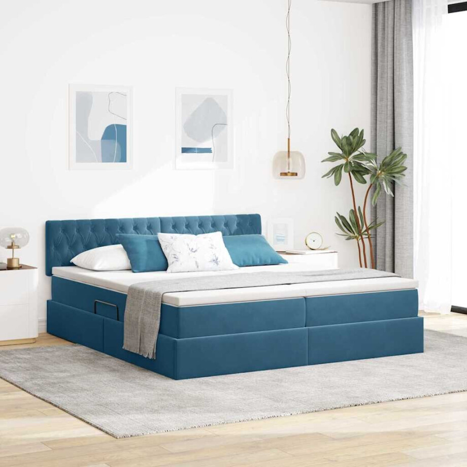 vidaXL Bed met LED-stripverlichting Donkerblauw 180 x 200 cm Fluweel afbeelding 1
