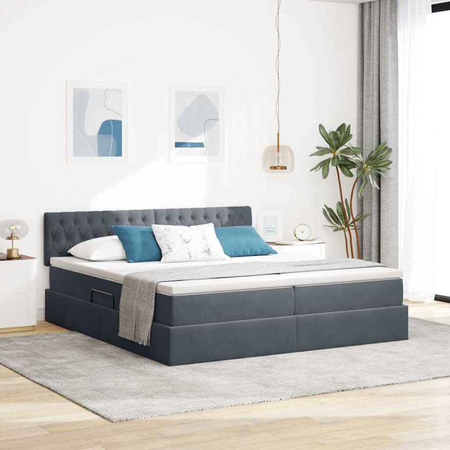 vidaXL Bed met LED-stripverlichting Donkergrijs 200 x 200 cm Fluweel afbeelding 1