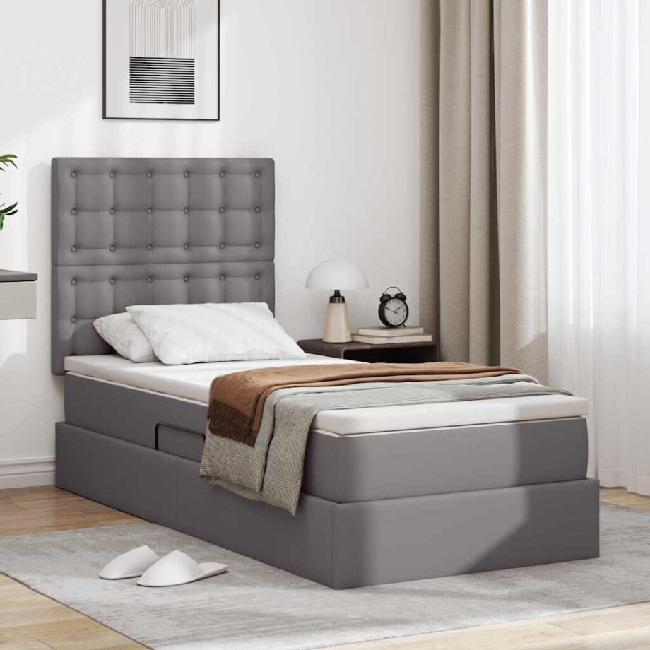 vidaXL Opslag bed met matras met hoofdeinde Grijs 90 x 200 cm Nep Leer afbeelding 1