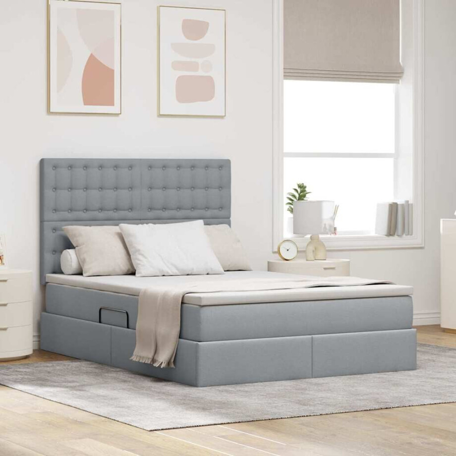 vidaXL Opslag bed met matras Lichtgrijs 140 x 190 cm Polyester afbeelding 1