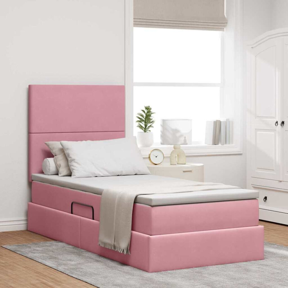 vidaXL Opslag bed met matras met matras Roze 90 x 190 cm Fluweel vidaXL Opslag bed met matras met matras Roze 90 x 190 cm Fluweel afbeelding 1