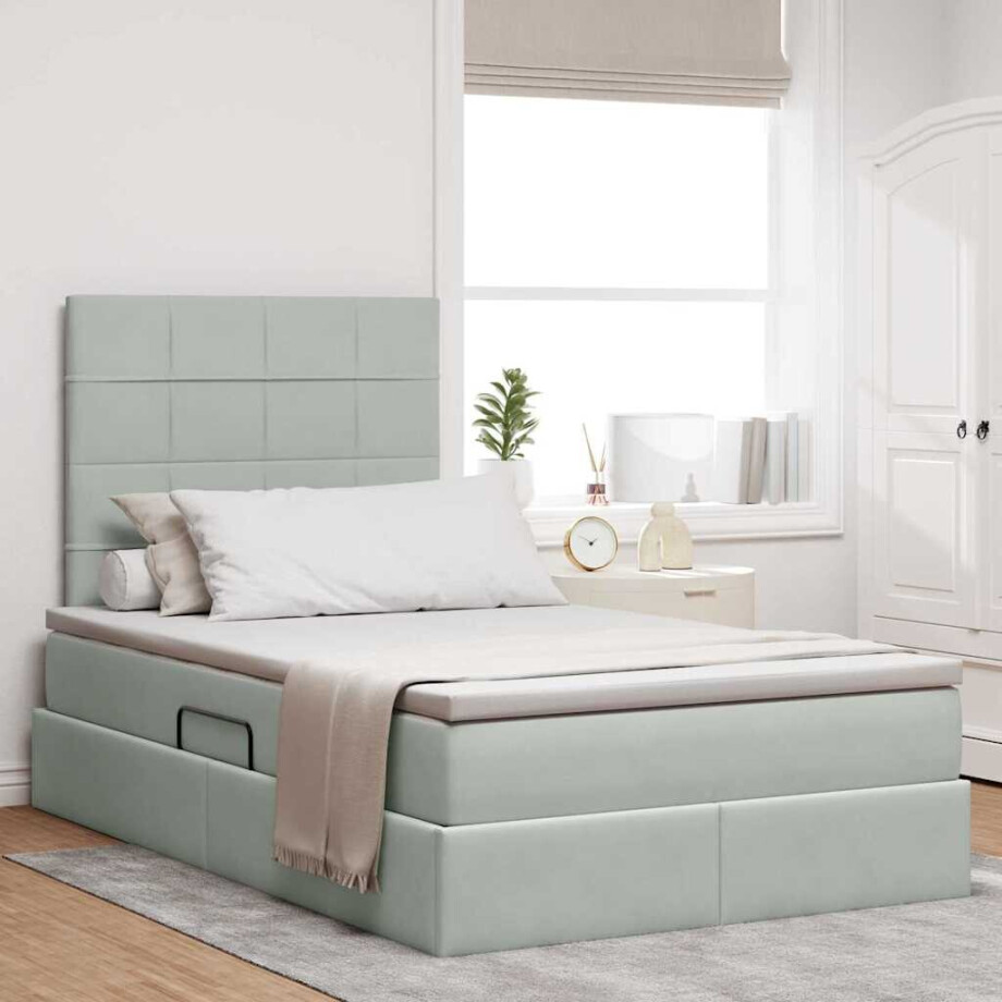 vidaXL Opslag bed met matras Lichtgrijs 120 x 200 cm Fluweel afbeelding 1