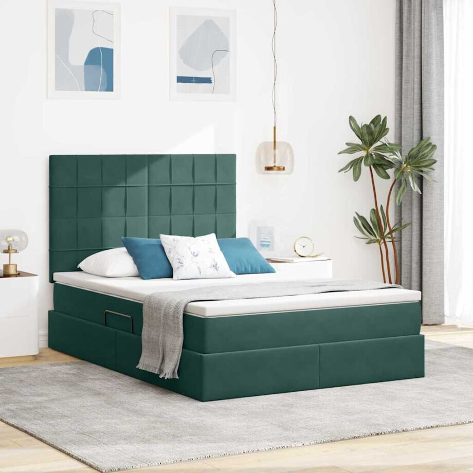 vidaXL Opslag bed met matras Donkergroen 140 x 190 cm Fluweel afbeelding 1