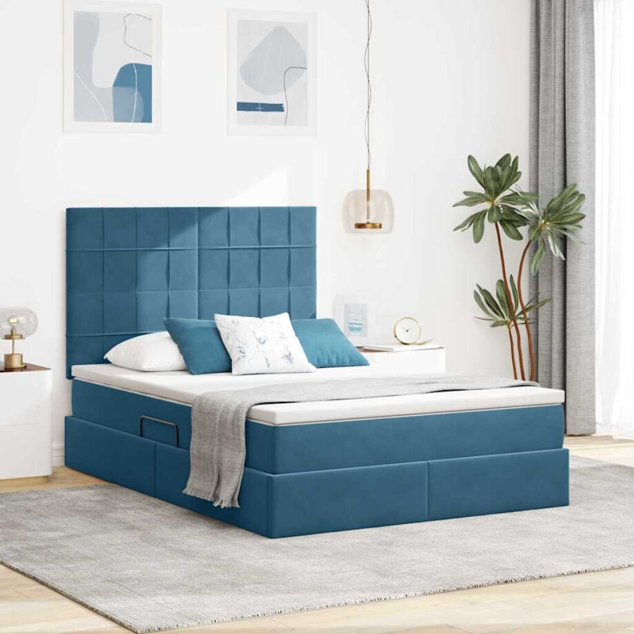 vidaXL Opslag bed met matras Donkerblauw 140 x 200 cm Fluweel afbeelding 1