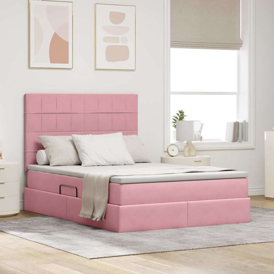 vidaXL Opslag bed met matras met matras Roze 140 x 200 cm Fluweel afbeelding 1