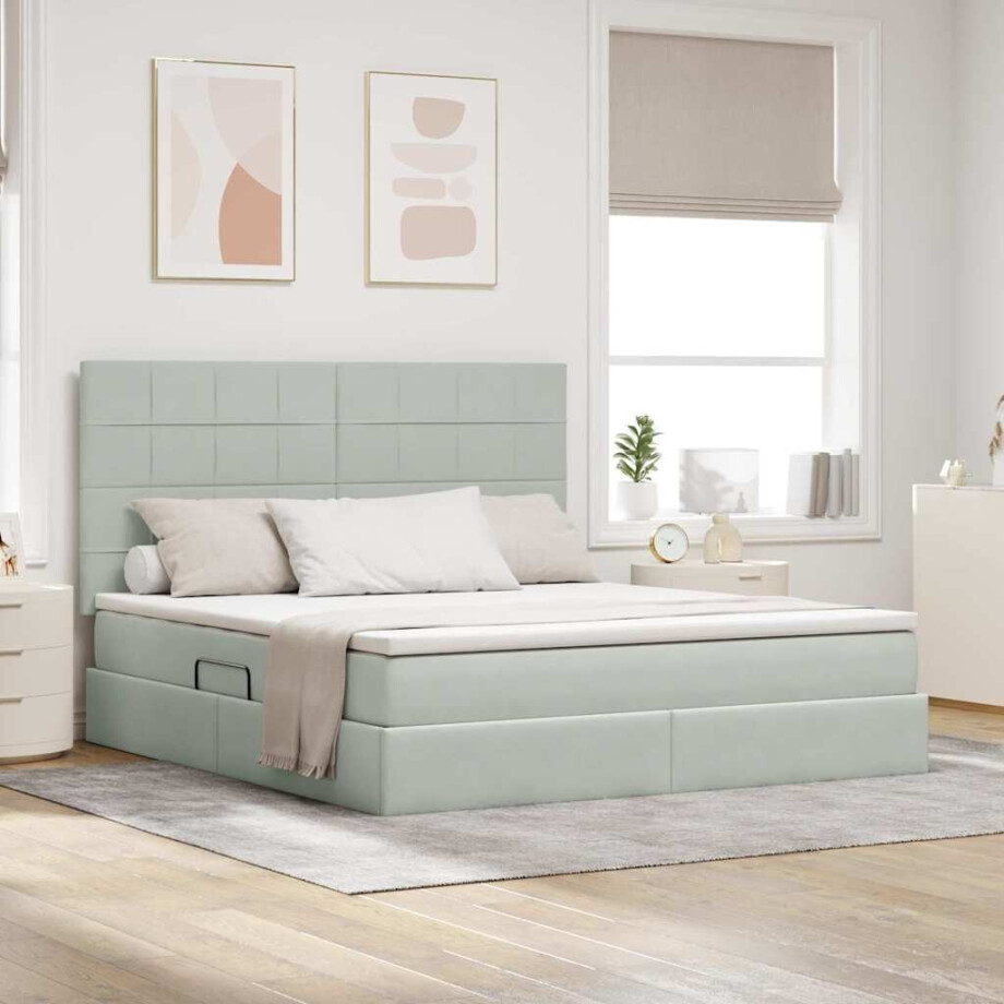 vidaXL Opslag bed met matras Lichtgrijs 160 x 200 cm Fluweel afbeelding 1