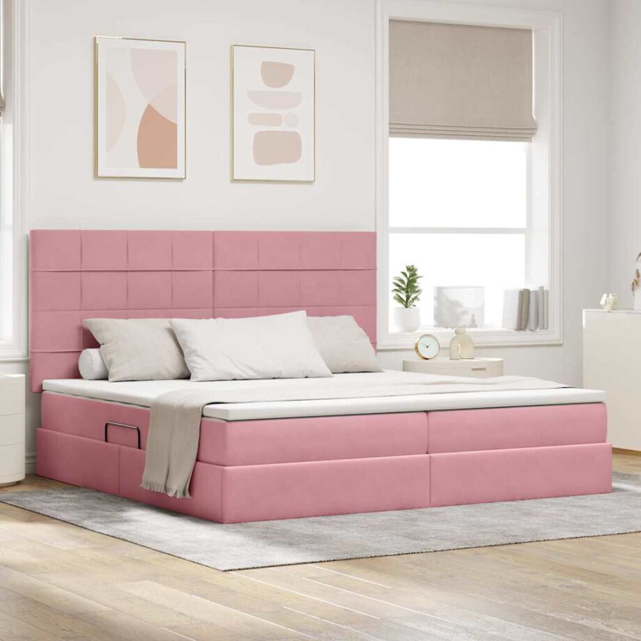 vidaXL Opslag bed met matras met matras Roze 200 x 200 cm Fluweel afbeelding 1