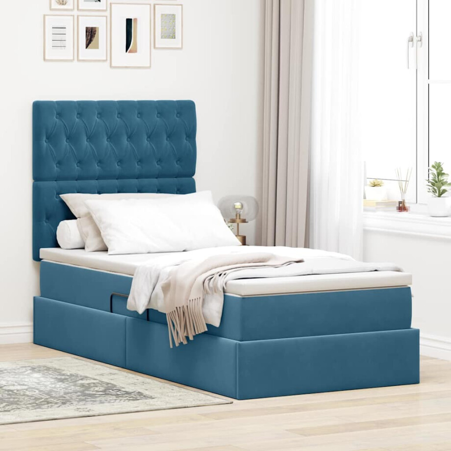 vidaXL Opslag bed met matras Donkerblauw 90 x 200 cm Fluweel vidaXL Opslag bed met matras Donkerblauw 90 x 200 cm Fluweel afbeelding 1