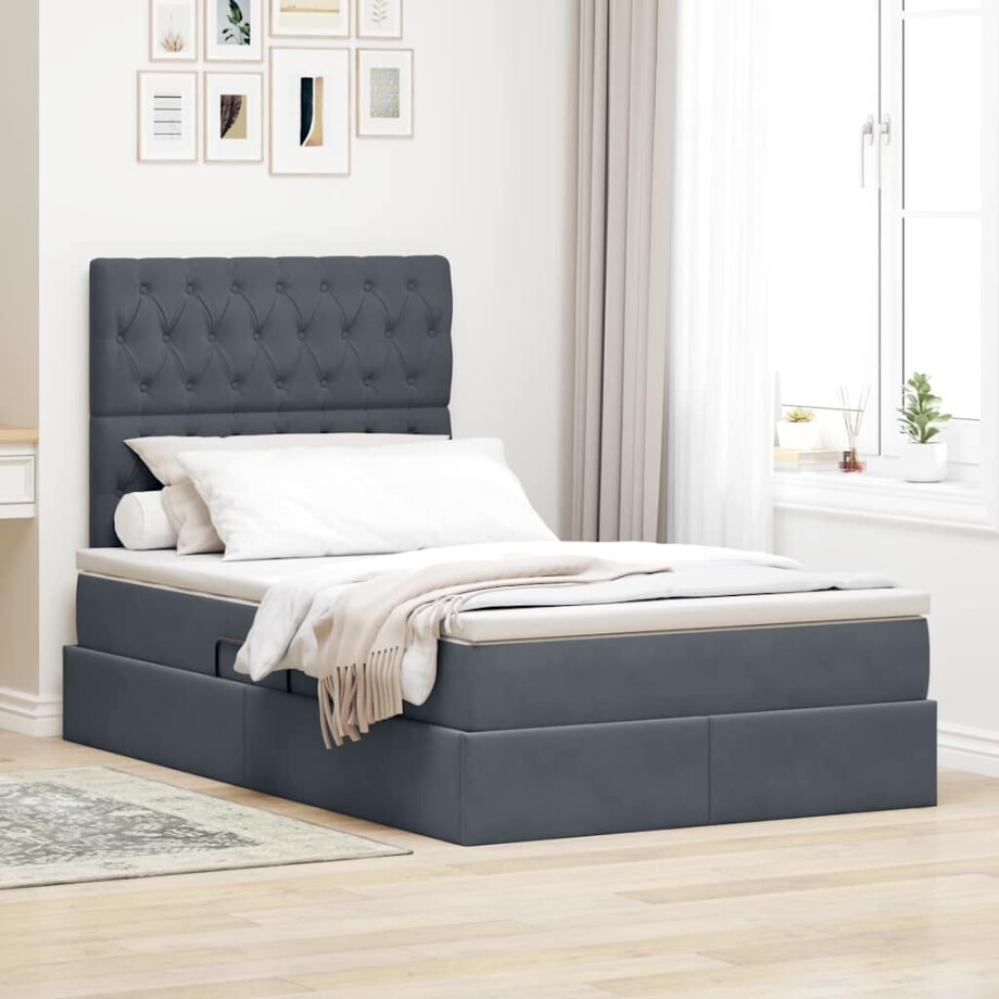 vidaXL Opslag bed met matras Donkergrijs 120 x 200 cm Fluweel afbeelding 1