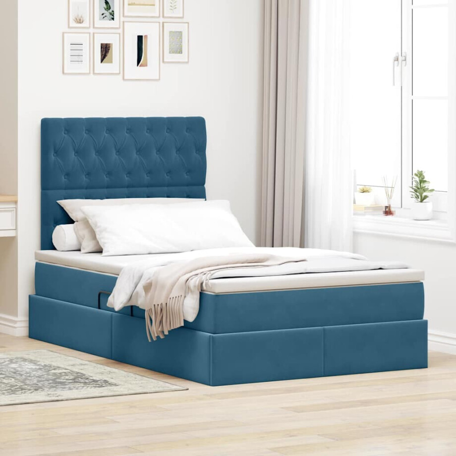 vidaXL Opslag bed met matras Donkerblauw 120 x 200 cm Fluweel afbeelding 1