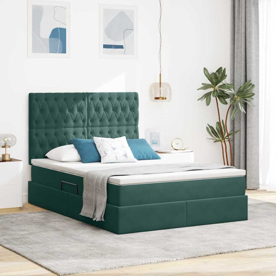 vidaXL Opslag bed met matras Donkergroen 140 x 200 cm Fluweel afbeelding 1