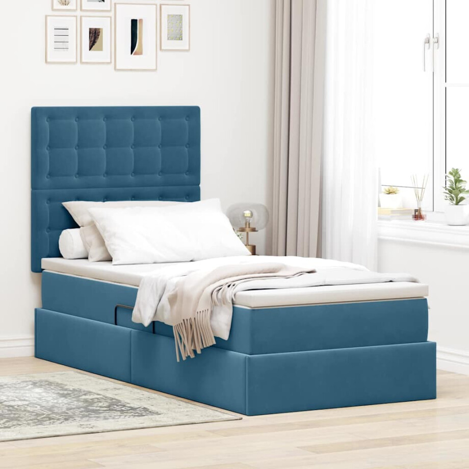 vidaXL Opslag bed met matras Donkerblauw 90 x 200 cm Fluweel afbeelding 1