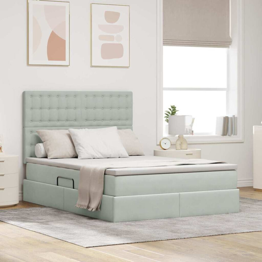vidaXL Opslag bed met matras Lichtgrijs 140 x 190 cm Fluweel afbeelding 1