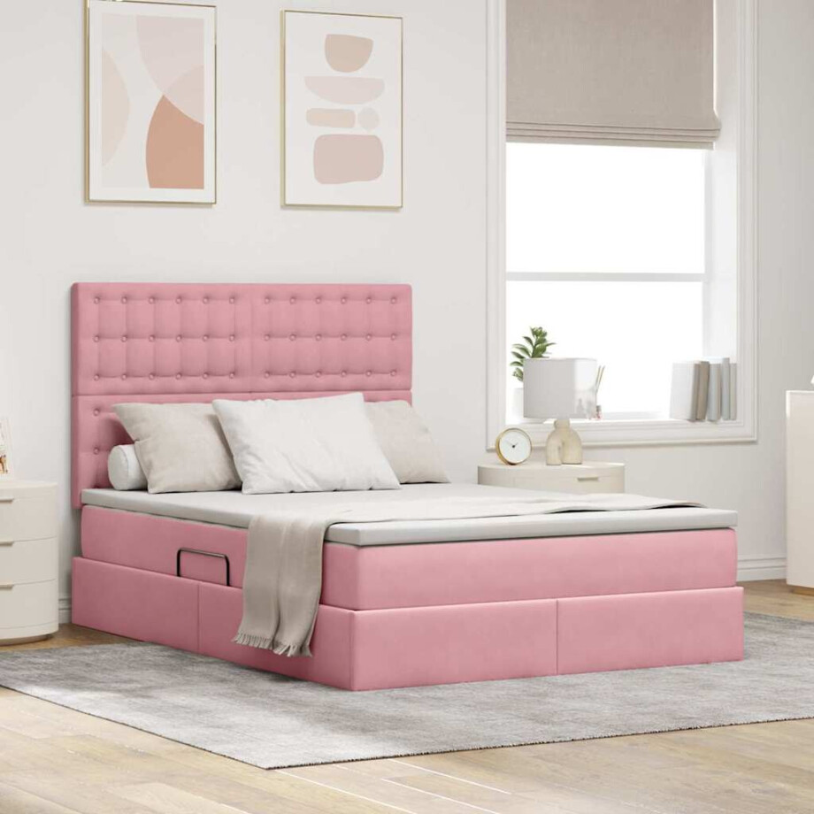 vidaXL Opslag bed met matras met matras Roze 140 x 200 cm Fluweel vidaXL Opslag bed met matras met matras Roze 140 x 200 cm Fluweel afbeelding 1