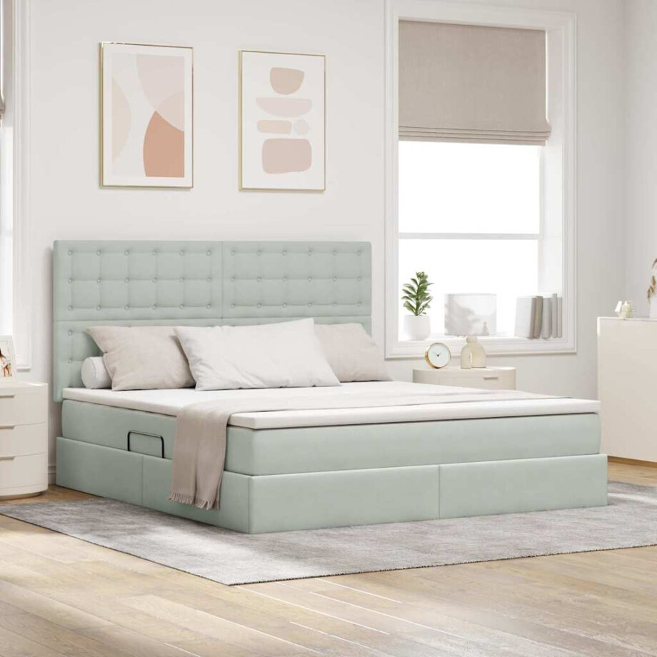 vidaXL Opslag bed met matras Lichtgrijs 180 x 200 cm Fluweel afbeelding 1