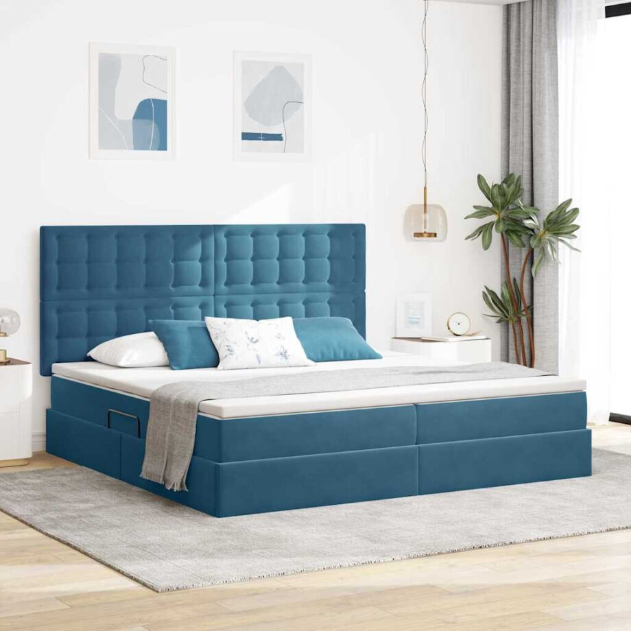 vidaXL Opslag bed met matras Donkerblauw 200 x 200 cm Fluweel afbeelding 1