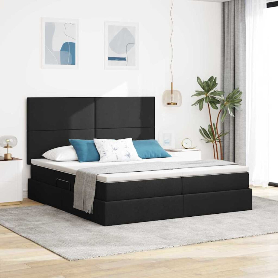 vidaXL Opslag bed met hoofdeinde Zwart 200 x 200 cm Nep Leer afbeelding 1