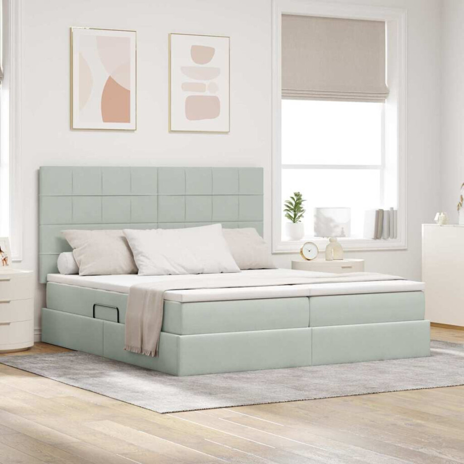 vidaXL Opslag bed met matras Lichtgrijs 180 x 200 cm Fluweel afbeelding 1