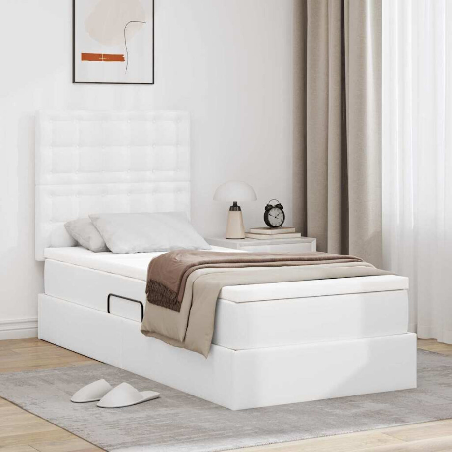 vidaXL Opbergbed met LED met matras Puur Wit 100 x 200 cm Nep Leer afbeelding 1
