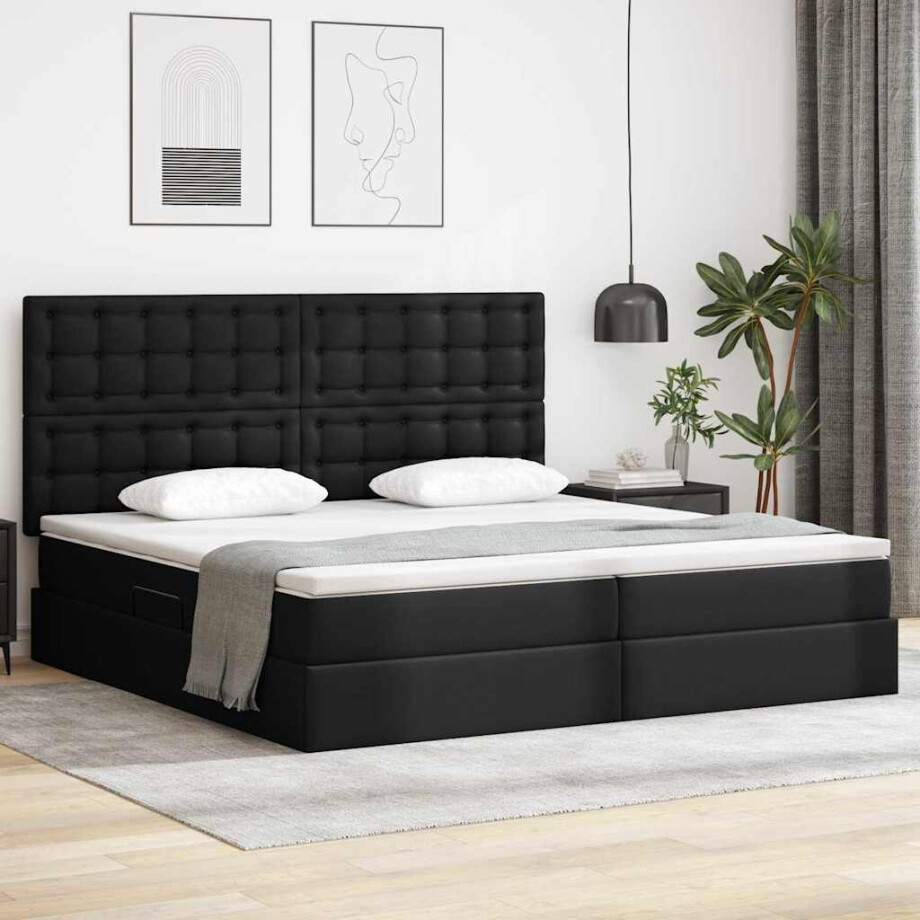 vidaXL Opbergbed met LED met matras Zwart 200 x 200 cm Nep Leer afbeelding 1
