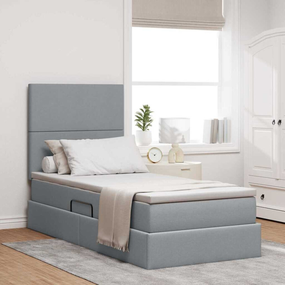 vidaXL Opbergbed met LED met matras Lichtgrijs 100 x 200 cm Polyester afbeelding 1
