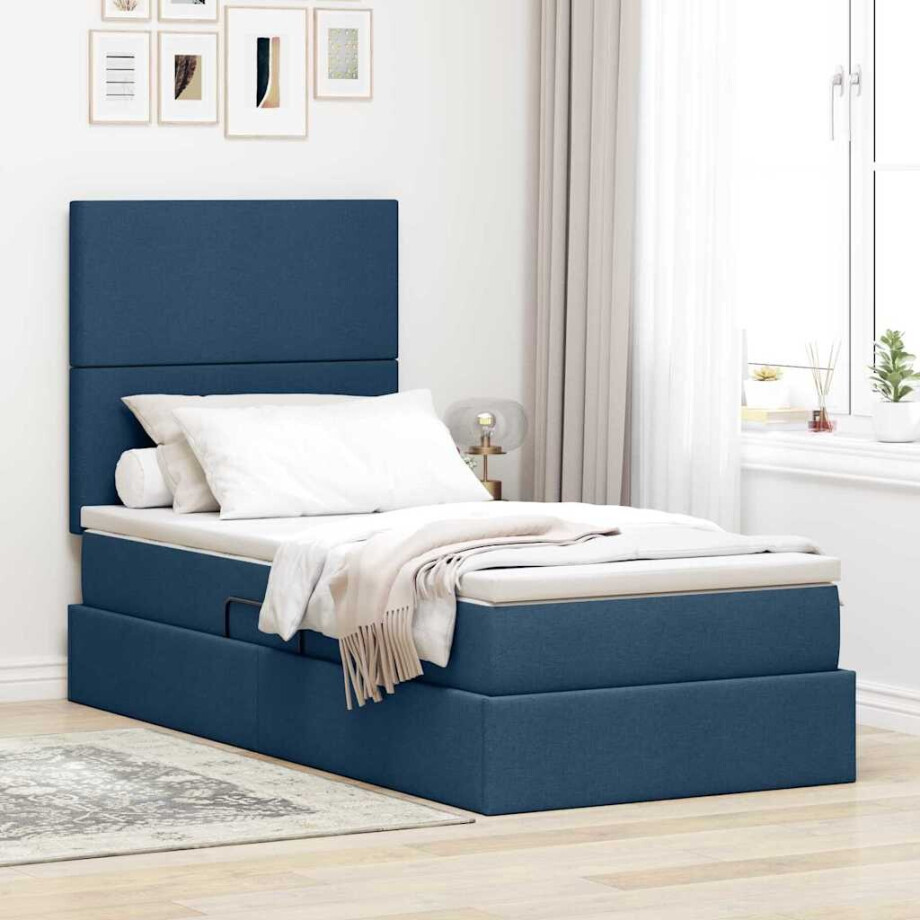 vidaXL Opbergbed met LED met matras Blauw 100 x 200 cm Polyester afbeelding 1
