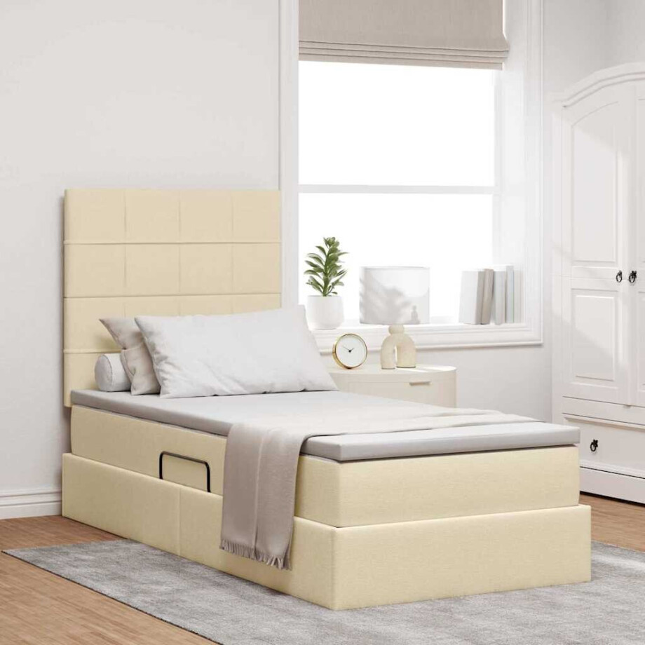 vidaXL Opbergbed met LED met matras Crème 90 x 200 cm Polyester afbeelding 1