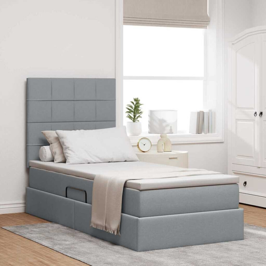 vidaXL Opbergbed met LED met matras Lichtgrijs 100 x 200 cm Polyester afbeelding 1