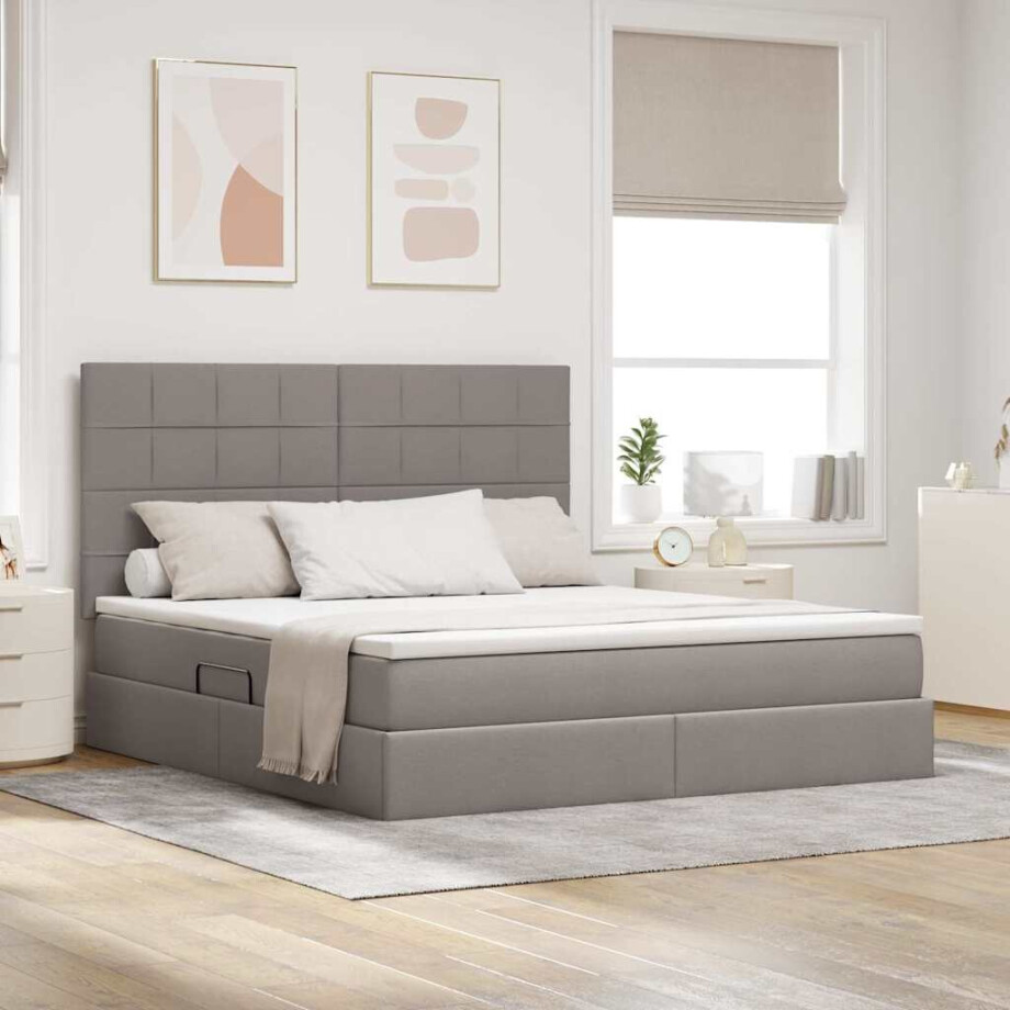 vidaXL Bed met LED -striplichten met opslag Taupe 180 x 200 cm Stof afbeelding 1