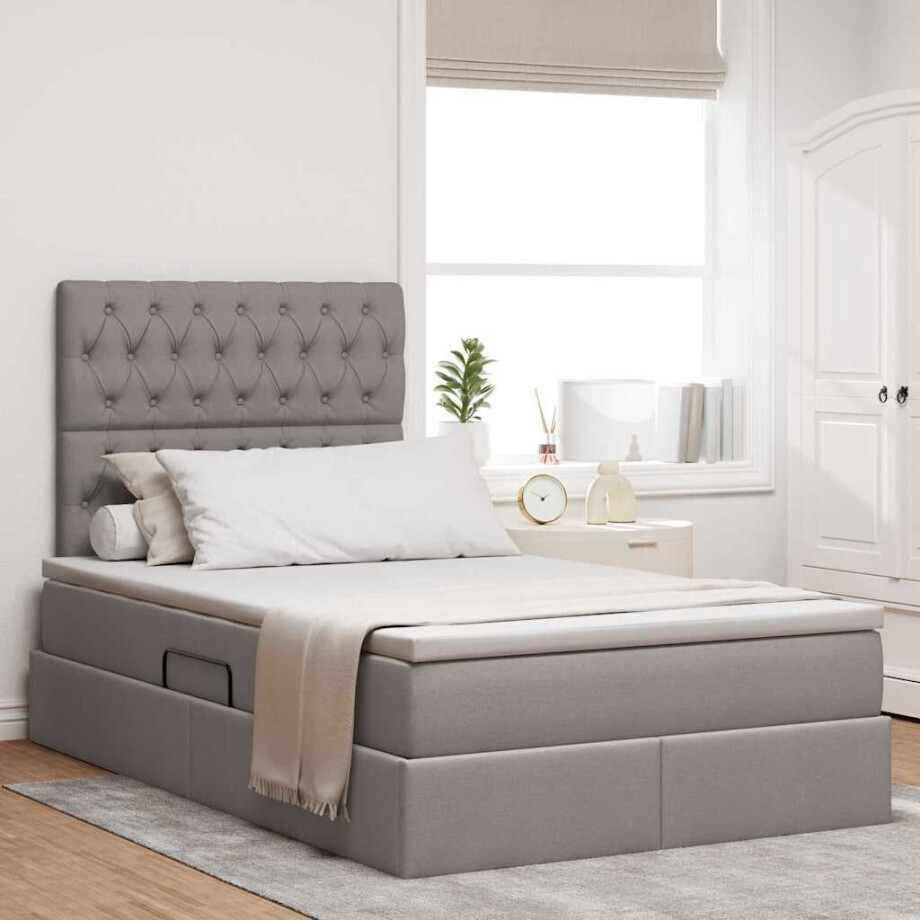 vidaXL Opbergbed met LED met matras Taupe 120 x 190 cm Polyester afbeelding 1
