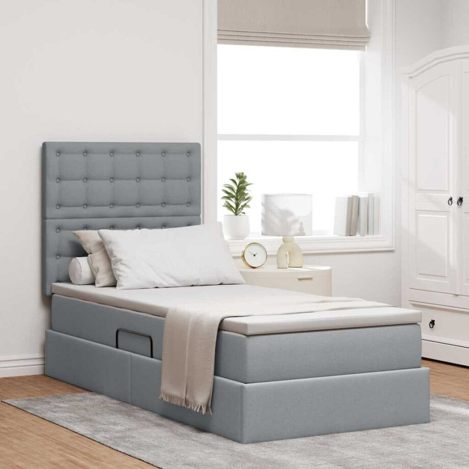 vidaXL Opbergbed met LED met matras Lichtgrijs 100 x 200 cm Polyester afbeelding 1