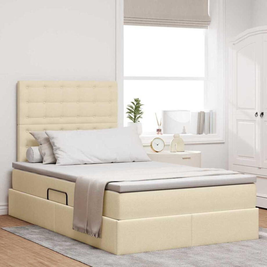 vidaXL Bed met LED -striplichten met opslag Crème 120 x 200 cm Stof afbeelding 1