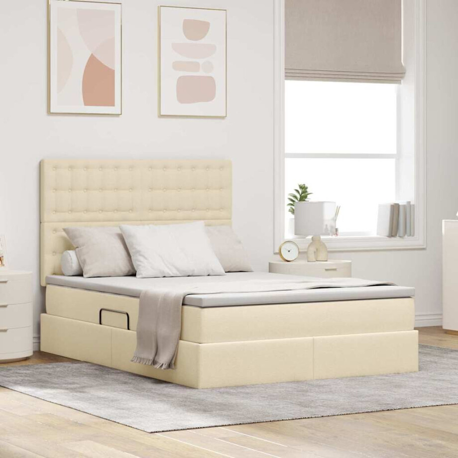 vidaXL Opbergbed met LED met matras Crème 140 x 190 cm Polyester afbeelding 1