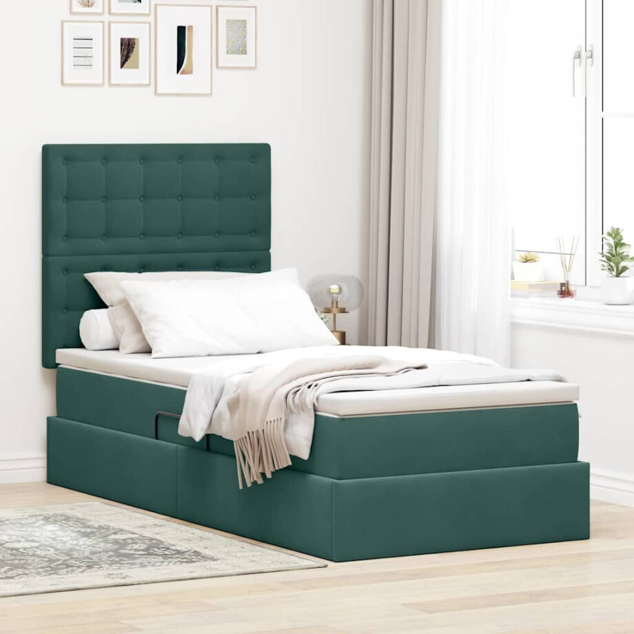 vidaXL Opbergbed met LED met matras Donkergroen 90 x 200 cm Fluweel afbeelding 1