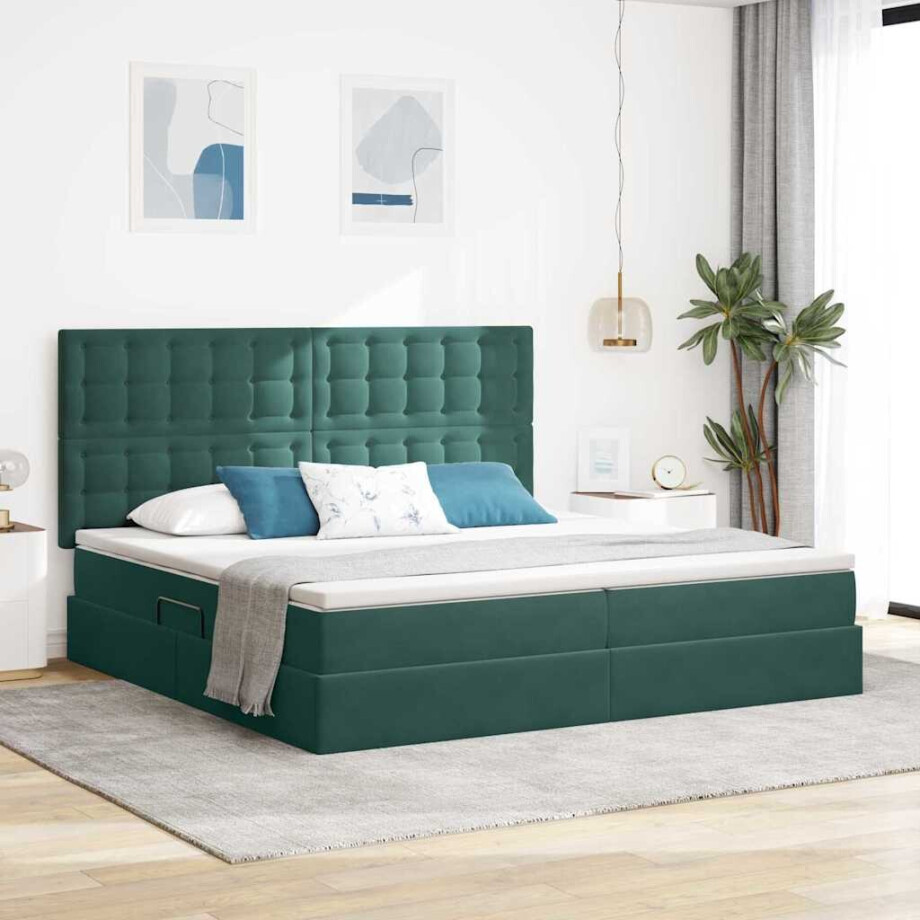 vidaXL Opbergbed met LED met matras Donkergroen 200 x 200 cm Fluweel afbeelding 1